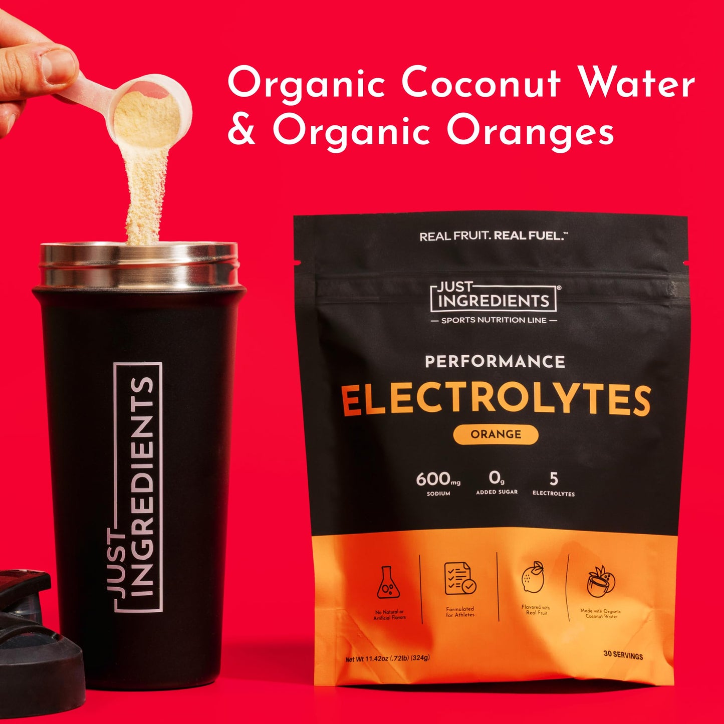 JUST INGREDIENTS Performance Electrolytes Powder Lemon Lime, 600mg Sodium with Organic Coconut Water, 30 Servings, Naturally Sweetened with Monk Fruit and Stevia, Flavored with Real Fruit, Non-GMO