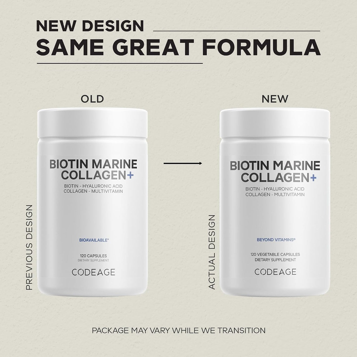 Codeage Biotin Marine Collagen Peptides - Wild-Caught Marine Collagen Types I & III, Biotin, Vitamins C & E, Hyaluronic Acid, Amino Acids, Fruit and Herb Blend, Non-GMO - 120 Capsules