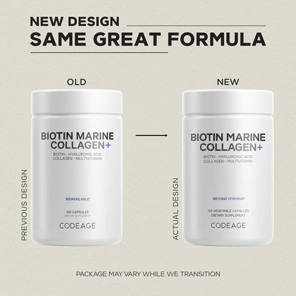Codeage Biotin Marine Collagen Peptides - Wild-Caught Marine Collagen Types I & III, Biotin, Vitamins C & E, Hyaluronic Acid, Amino Acids, Fruit and Herb Blend, Non-GMO - 120 Capsules