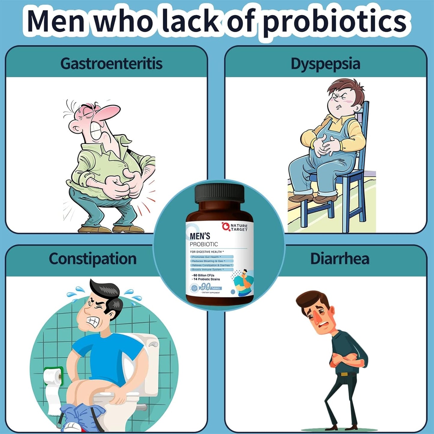 NATURE TARGET Probiotics for Men, 60 Billion CFU, 90 Veggie Tablets | 14 Strains Probiotics & Prebiotics for Men's Digestive & Immune Health, Shelf Stable, Gluten & Soy Free