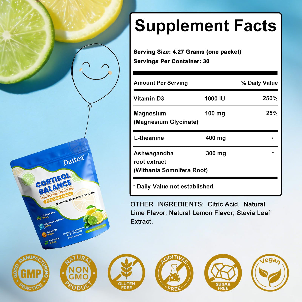 Cortisol Calm Drink Mix with Magnesium Glycinate Powder, L-Theanine, Vitamins, and Ashwagandha for Relaxation & Focus | Adaptogen Drink & Cortisol Support | 30 Packets (Raspberry & Lemon Flavor)