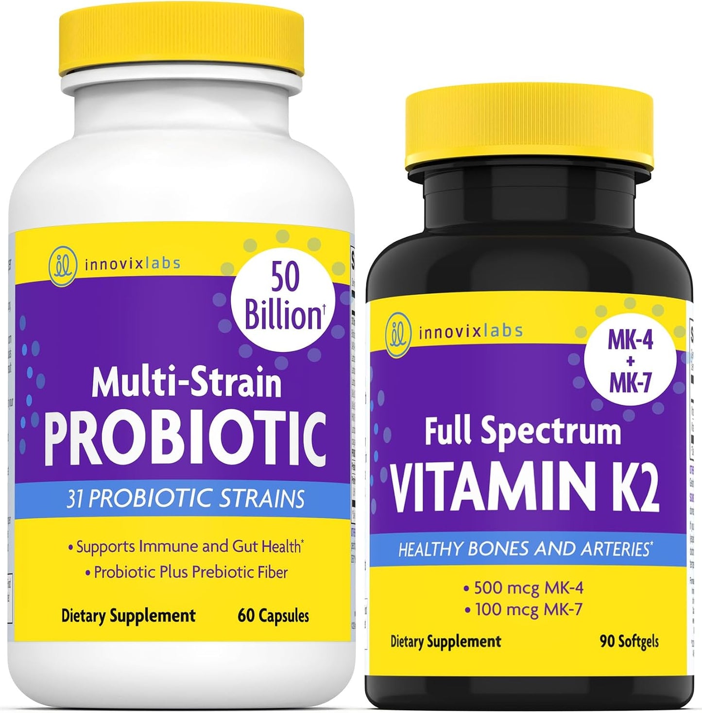 InnovixLabs Vitamin K2 & Probiotic Bundle Full Spectrum Vitamin K2 (90 Softgel Capsules) Multi-Strain Probiotic (60 Time-Release Capsules). Supports Bones, Immune and Healthy Gut. *