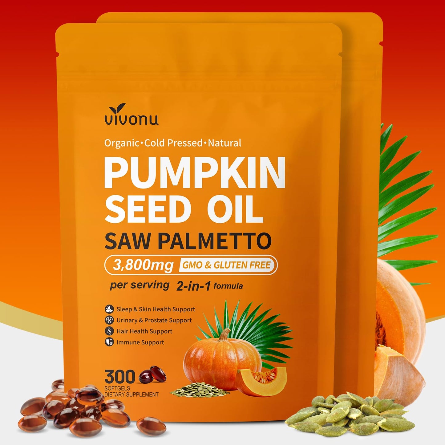 VivoNu Pumpkin Seed Oil with Saw Palmetto Capsules,3800mg 300 Softgels | Cold Pressed,Pure Virgin Oil,Essential Fatty Acids&Phytosterols | Supports Hair,Urinary,Bladder&Prostate Health|Non-GMO