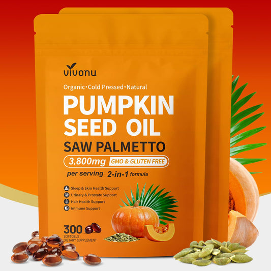 VivoNu Pumpkin Seed Oil with Saw Palmetto Capsules,3800mg 300 Softgels | Cold Pressed,Pure Virgin Oil,Essential Fatty Acids&Phytosterols | Supports Hair,Urinary,Bladder&Prostate Health|Non-GMO