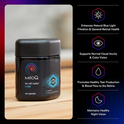 MitoQ +Eye – Eye Health Supplement with Lutein & Zeaxanthin (5:1 Ratio), Bilberry, Maritime Pine Bark, Zinc, Mitoquinol | Supports Macular Health, Visual Clarity & Blue Light Defense