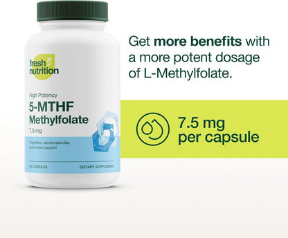 Fresh Nutrition L Methylfolate 7.5mg – DNA Verified for Maximum Potency – Superior Bioavailability – 5-MTHF Methyl Folate - 90 Capsules