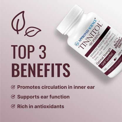 Approved Science Tinnitol - Tinnitus Support Supplement - Ease Ringing in The Ears - Boost Inner Ear Health - 60 Capsules - Made in The USA