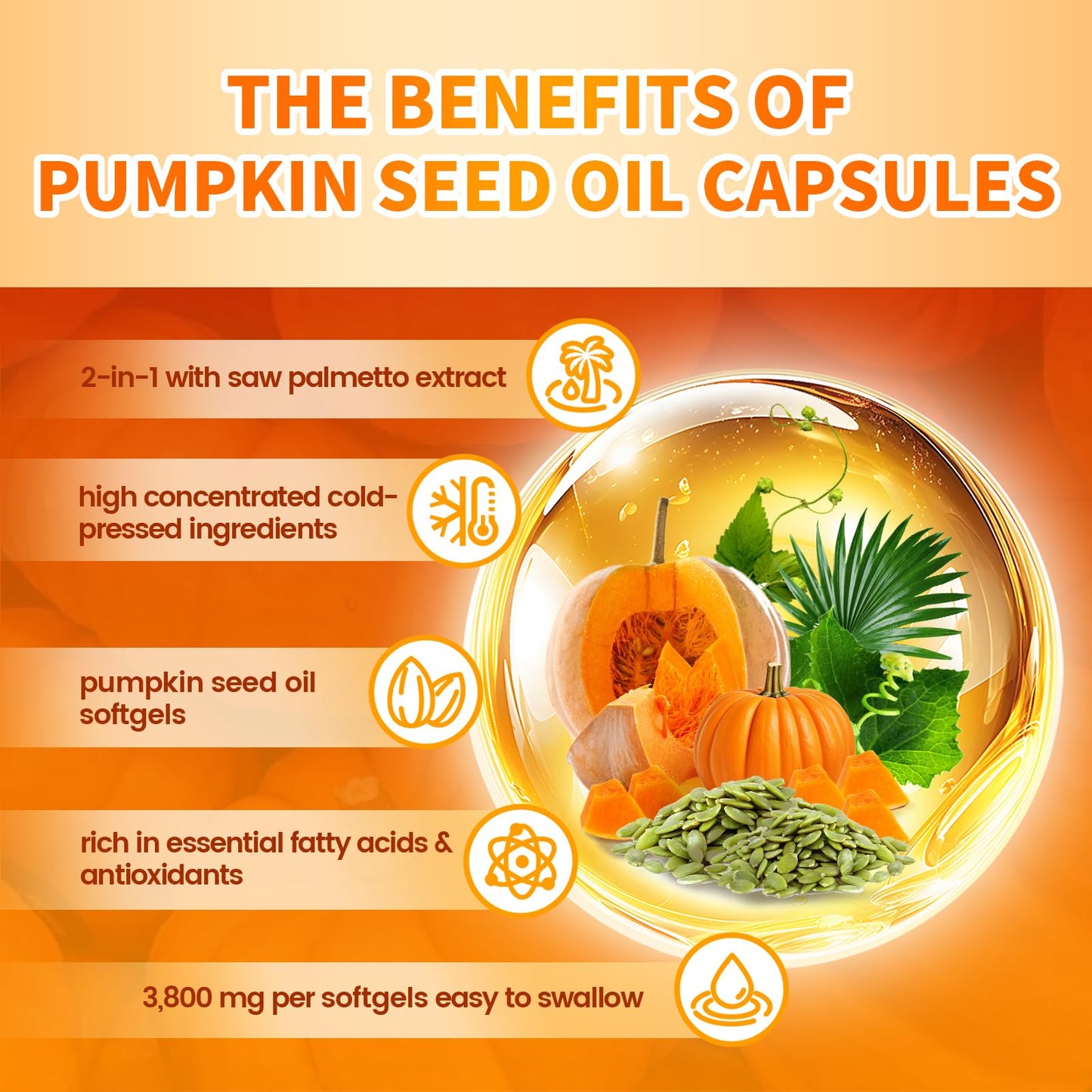 VivoNu Pumpkin Seed Oil with Saw Palmetto Capsules,3800mg 300 Softgels | Cold Pressed,Pure Virgin Oil,Essential Fatty Acids&Phytosterols | Supports Hair,Urinary,Bladder&Prostate Health|Non-GMO