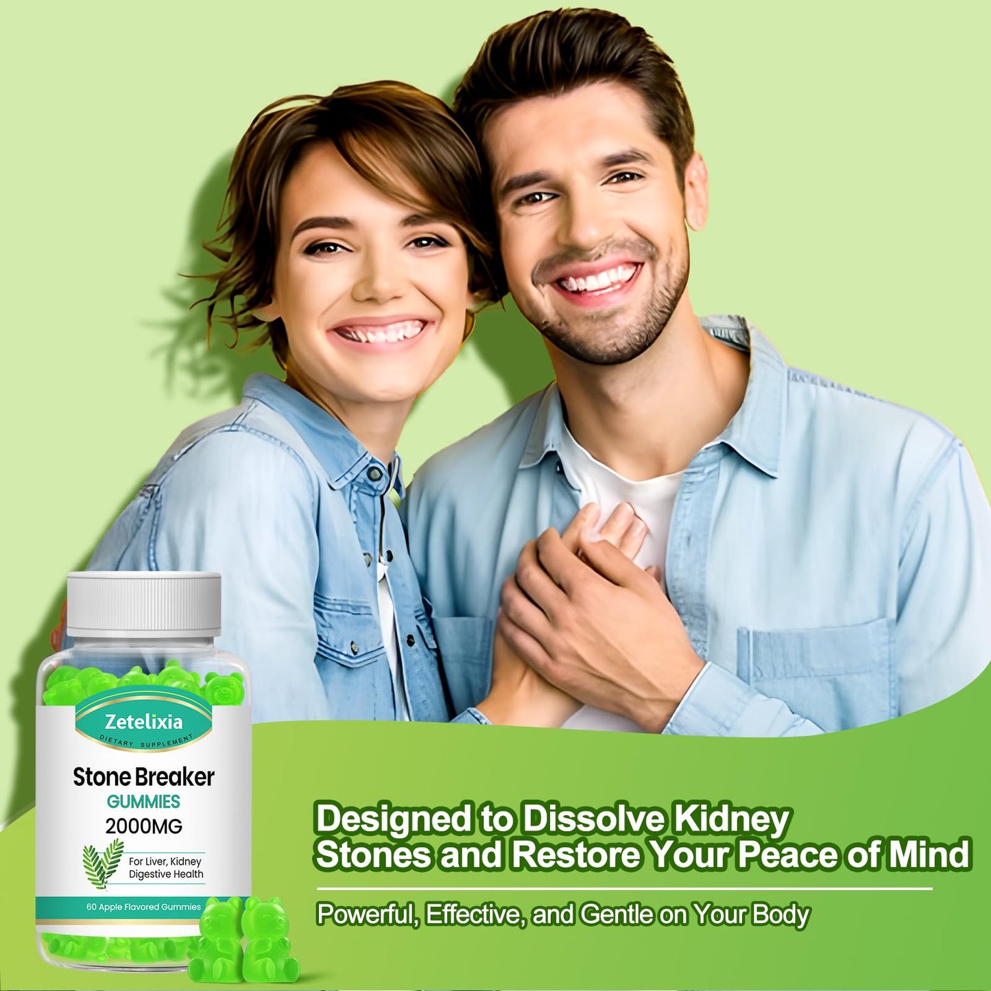 2 Pack Chanca Piedra Stone Breaker Gummies, Organic Herbal Supplement for Kidney Cleanse & Gallbladder Health, Kidney Stones Dissolver, Sugar Free, Vegan, Non-GMO, Apple Flavor