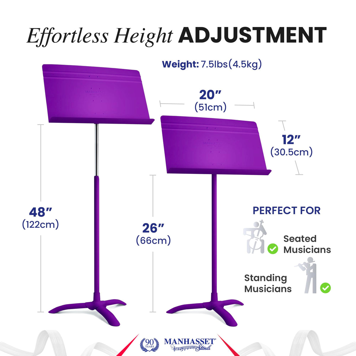 Manhasset Music Stand for Sheet Music - 48 Symphony Model - Long Lasting, Durable Manhasset Stand - Adjustable Height - 26" to 48" - Made in the USA