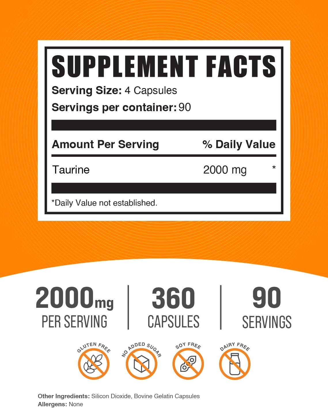 BulkSupplements.com Taurine Capsules - Taurine Supplement, Taurine 2000mg, Amino Acids for Heart Health, Taurine Pills - Gluten Free, 4 Taurine 500mg Capsules per Serving (2000mg), 360 Capsules