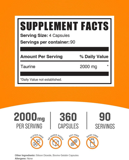 BulkSupplements.com Taurine Capsules - Taurine Supplement, Taurine 2000mg, Amino Acids for Heart Health, Taurine Pills - Gluten Free, 4 Taurine 500mg Capsules per Serving (2000mg), 360 Capsules