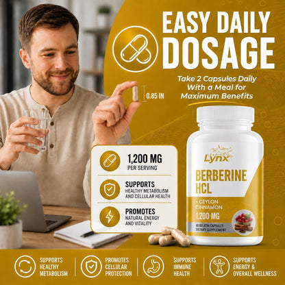 Berberine HCl 1200mg - 60 Capsules - High Absorption Berberine Supplement - Non-GMO, Gluten-Free & Third Party Tested - 30-Day Supply