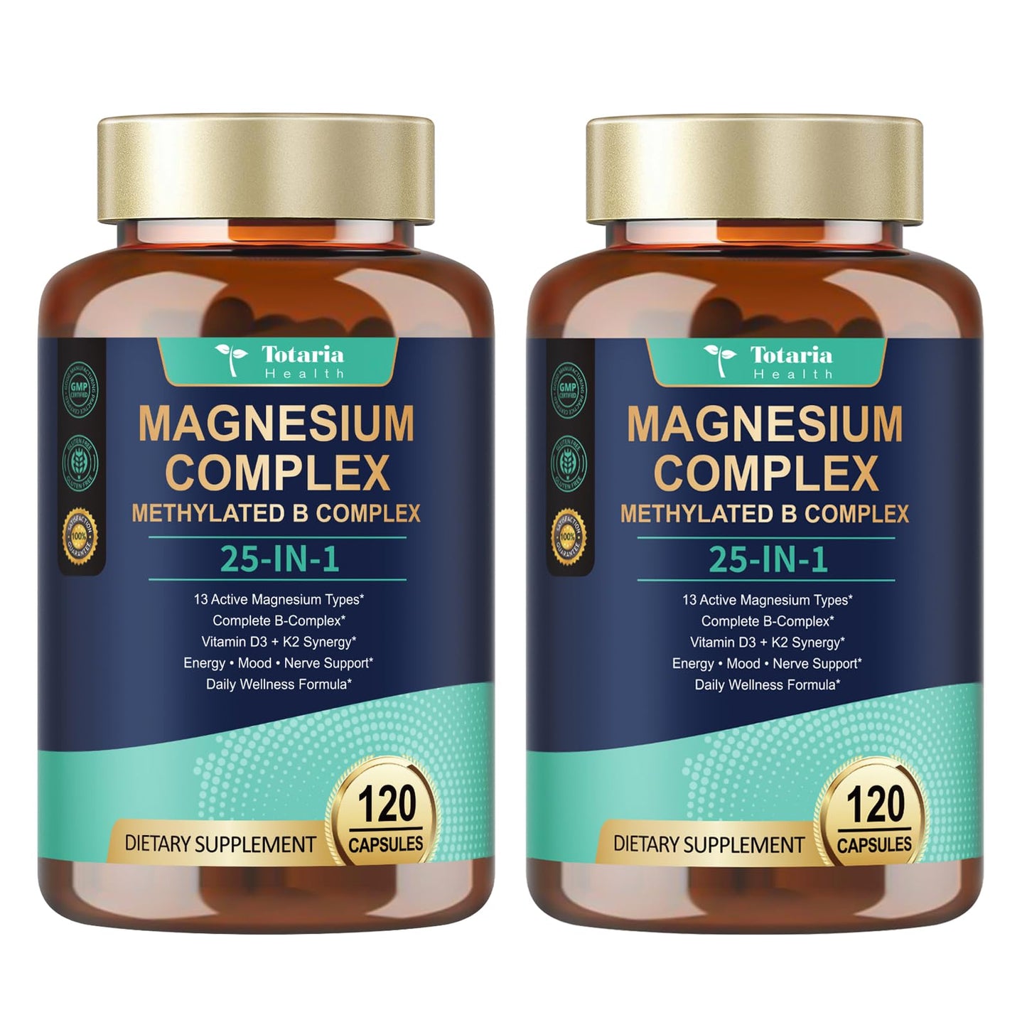 25-in-1 Magnesium Complex with Methylated B Complex Magnesium Glycinate Citrate Malate Taurate Gluconate Aspartate Carbonate D3 K2, Magnesium Supplement for Relaxation Energy & Nerve, 120 Vegan Caps