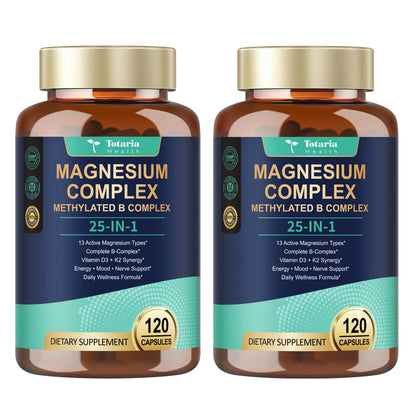25-in-1 Magnesium Complex with Methylated B Complex Magnesium Glycinate Citrate Malate Taurate Gluconate Aspartate Carbonate D3 K2, Magnesium Supplement for Relaxation Energy & Nerve, 120 Vegan Caps