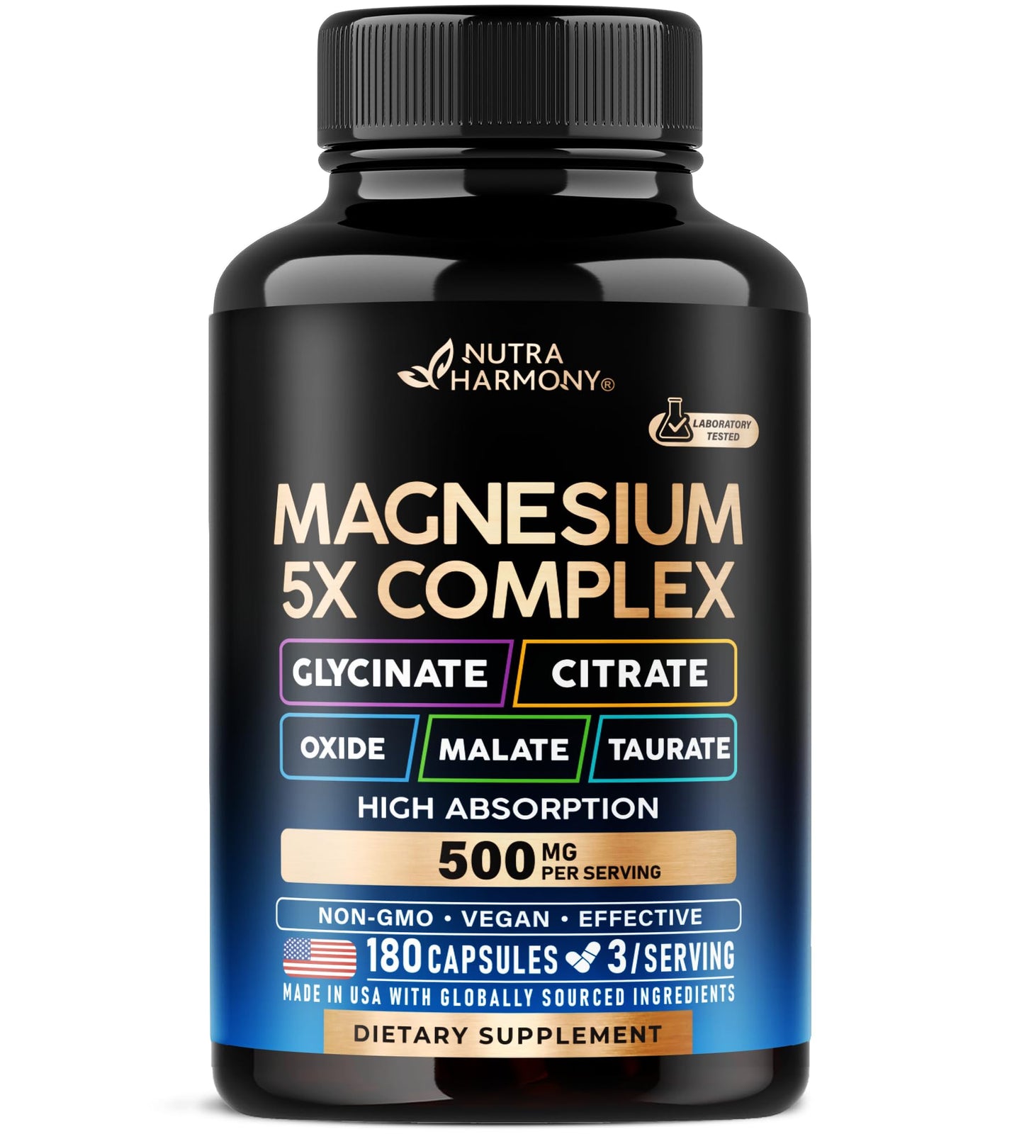 Magnesium Supplement - 5 in 1 Complex | Glycinate | Citrate | Malate | Taurate | Oxide - for Women & Men - Stress, Muscle & Heart Support - Vegan, Natural, Non-GMO - 180 Capsules, 2 Month Supply