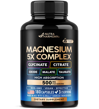 Magnesium Supplement - 5 in 1 Complex | Glycinate | Citrate | Malate | Taurate | Oxide - for Women & Men - Stress, Muscle & Heart Support - Vegan, Natural, Non-GMO - 180 Capsules, 2 Month Supply
