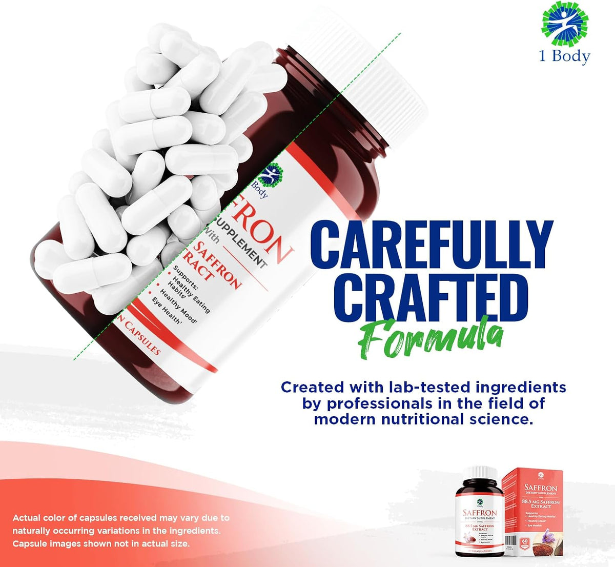 1 Body Saffron Extract Supplement, 88.5 mg Safranal, Antioxidant and Mood Support, Vegetarian Capsules