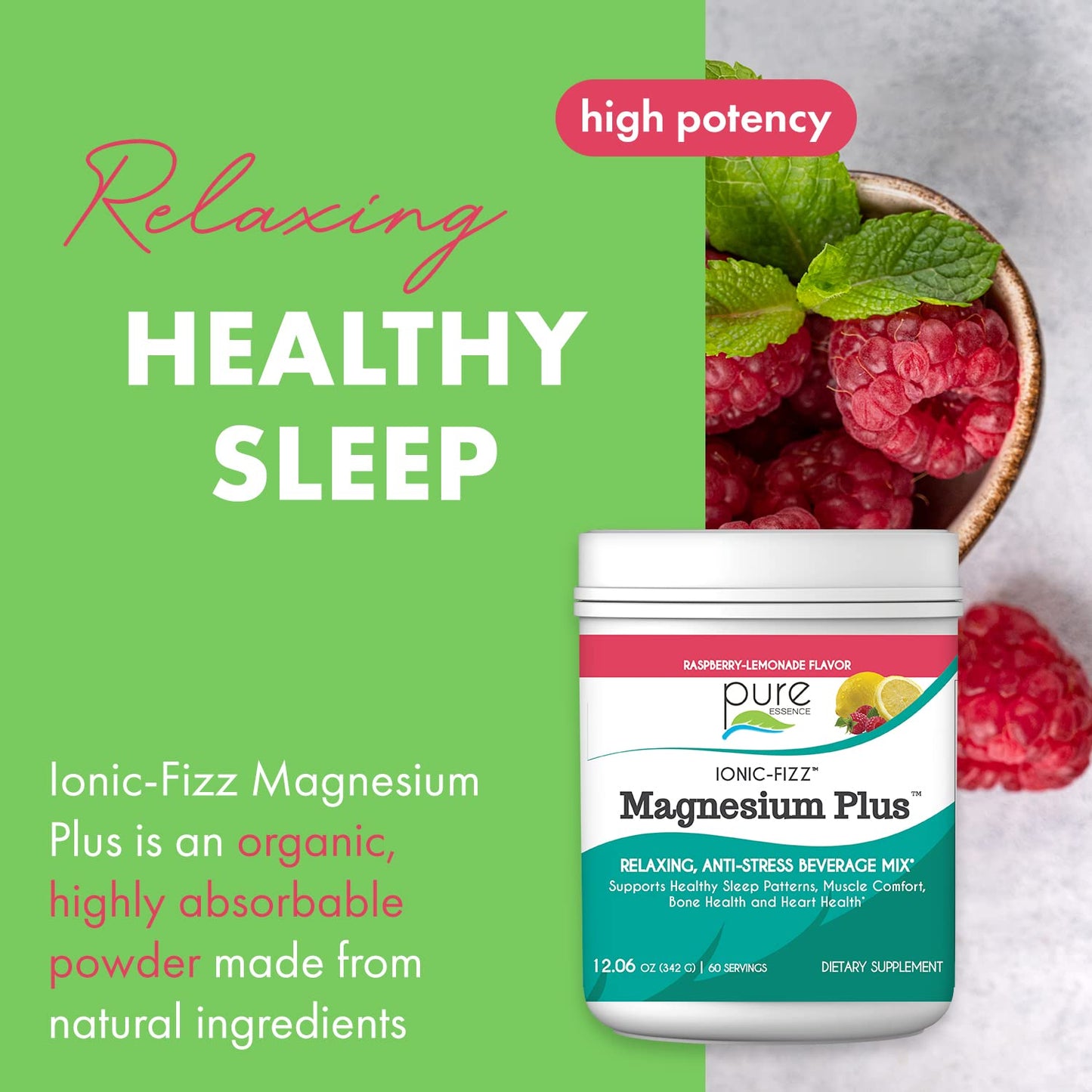 Pure Essence Labs Ionic Fizz Magnesium Plus, Anti-Stress Supplement Drink Powder, Gluten Free and Non-GMO Magnesium Powder, Raspberry Lemonade Flavor, 12.06 oz