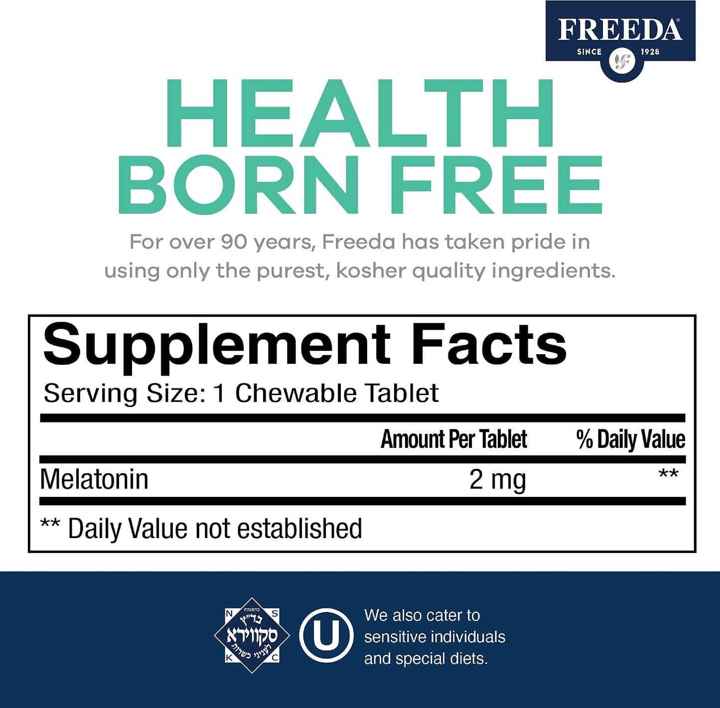 FREEDA Melatonin 2mg Sugar-Free Chewable for Sleep Support – 60 Tablets | Supports Healthy Sleep Cycles – Fruit-Flavored Chewables for Kids & Adults – Non-GMO, Vegan, Kosher, & Gluten-Free