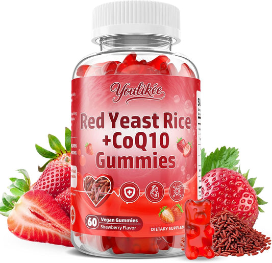Red Yeast Rice Gummies 1200mg with CoQ10 100mg, Red Yeast Rice Supplement | Supports Cellular Energy Production and Natural Antioxidant Defense, Vegan, Gluten-Free, Strawberry Flavor, 60 Count