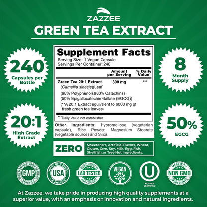 Zazzee Extra Strength Green Tea 20:1 Extract, 50% EGCG, 98% Polyphenols, 80% Catechins, 150 Vegan Capsules, 5 Month Supply, Certified Kosher, Antioxidant & Metabolism Support, Non-GMO, Made in the USA