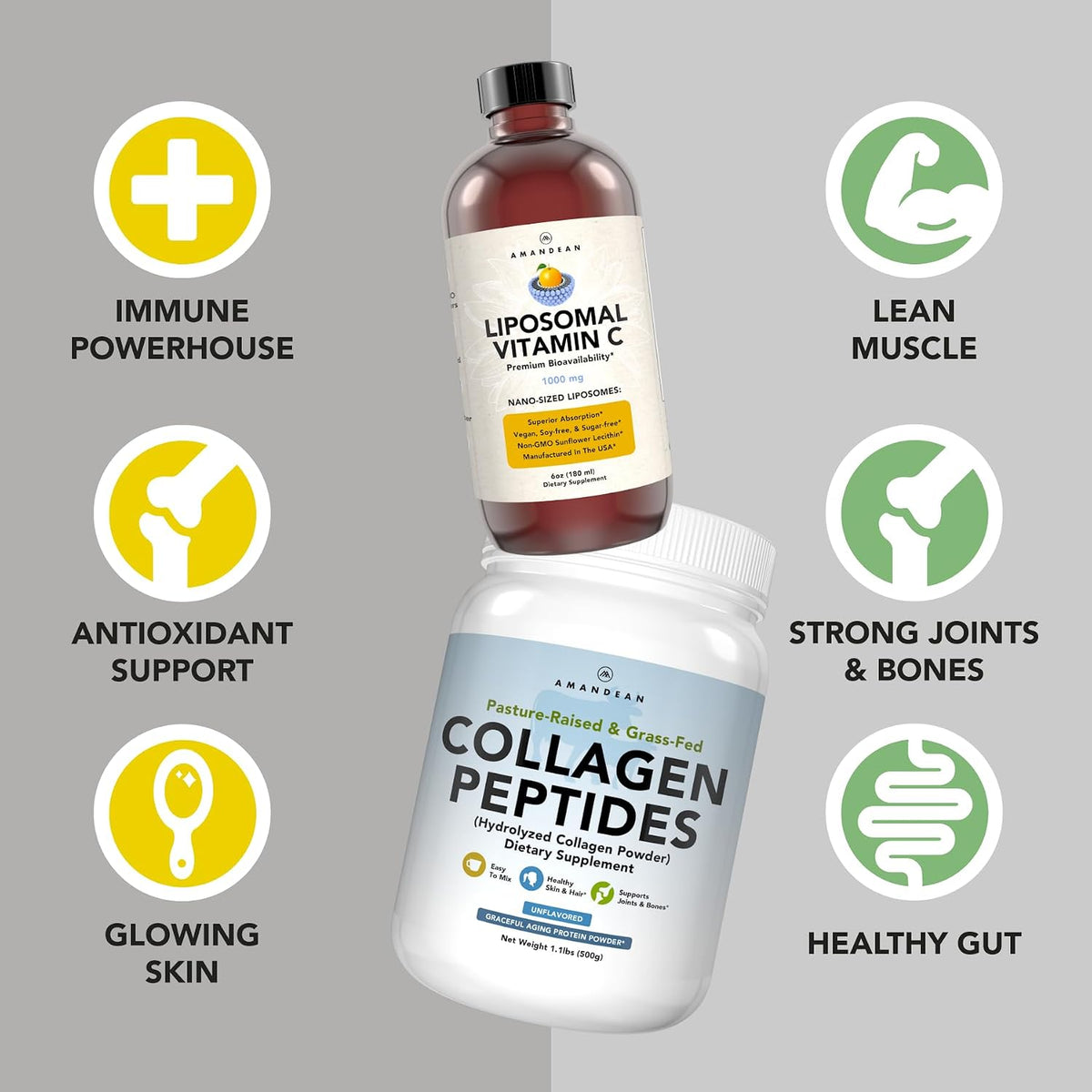 AMANDEAN Premium Liposomal Vitamin C & Bovine Collagen Peptides Bundle. Powerful Antioxidant. Liquid Quali-C. Grass-Fed Collagen. Hydrolyzed Type 1 & 3. Immune Support. Healthy Skin, Hair & Nails