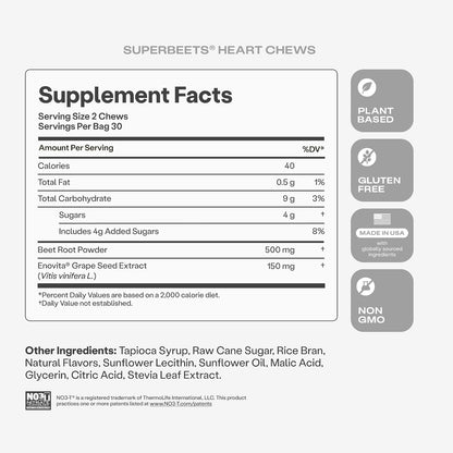 HumanN SuperBeets Heart Chews, Beet Root Powder Support Energy Supplement, Nitric Oxide and Blood Pressure Support, Grape Seed Extract & Non-GMO, Heart Health, Pomegranate Berry Flavor, 60 Count