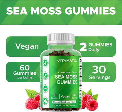 Vitamatic Sea Moss Gummies with Bladderwrack & Burdock, 60 Gummies | Premium Botanical Blend for Immune Support*, Natural Raspberry Flavor, Vegan, Non-GMO, Gluten Free.