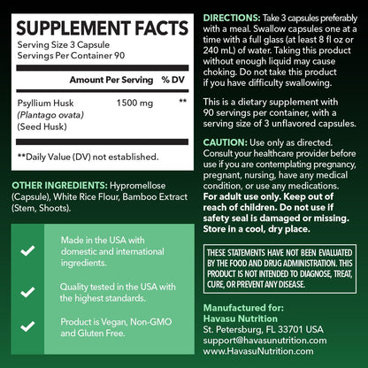 Vegan Psyllium Husk Fiber Capsules, GLP-1 Nutritional Support, 270 Pills | Psyllium Fiber Supplement Capsules for Digestive Health Regularity, Non-GMO Gluten Free & 3rd Party Tested, 90 Servings