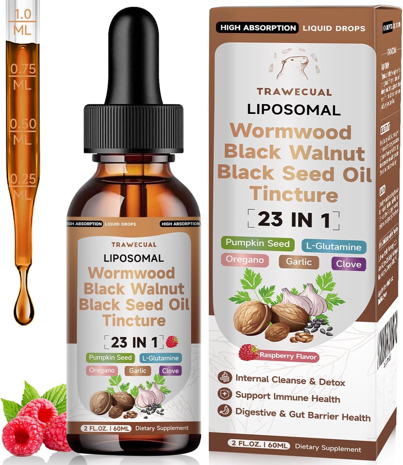 Black Walnut Wormwood Black Seed Oil Cleanse Tincture, 23-in-1 Gentle Gut Detox & Digestive Health Support with Clove, Pumpkin Seed, Oregano, Berberine - Liposomal, Raspberry Flavor, 2FL
