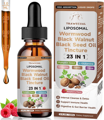 Black Walnut Wormwood Black Seed Oil Cleanse Tincture, 23-in-1 Gentle Gut Detox & Digestive Health Support with Clove, Pumpkin Seed, Oregano, Berberine - Liposomal, Raspberry Flavor, 2FL