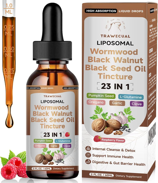 Black Walnut Wormwood Black Seed Oil Cleanse Tincture, 23-in-1 Gentle Gut Detox & Digestive Health Support with Clove, Pumpkin Seed, Oregano, Berberine - Liposomal, Raspberry Flavor, 2FL