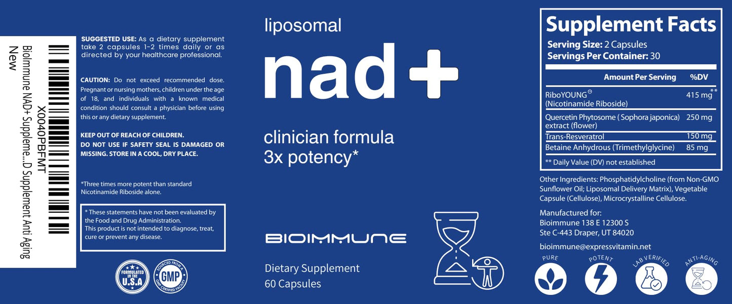 BioImmune NAD+ Supplement. Exclusive Formula w/Patent Pending RiboYOUNG™. Nicotinamide Riboside, Quercetin, Resveratrol, Betaine NRF2 Activator. Youthful Aging True NAD Supplement