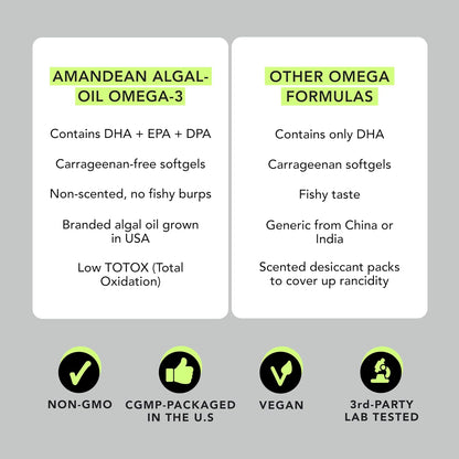 AMANDEAN Brain & Vegan Omega-3 Bundle: Magnesium Threonate, USA-Grown Lion’s Mane 6:1, Alpha-GPC & Algae DHA/EPA. Plant-Based Essential fats for Brain, Eye, Heart & Skin Health. Fish Oil Alternative.
