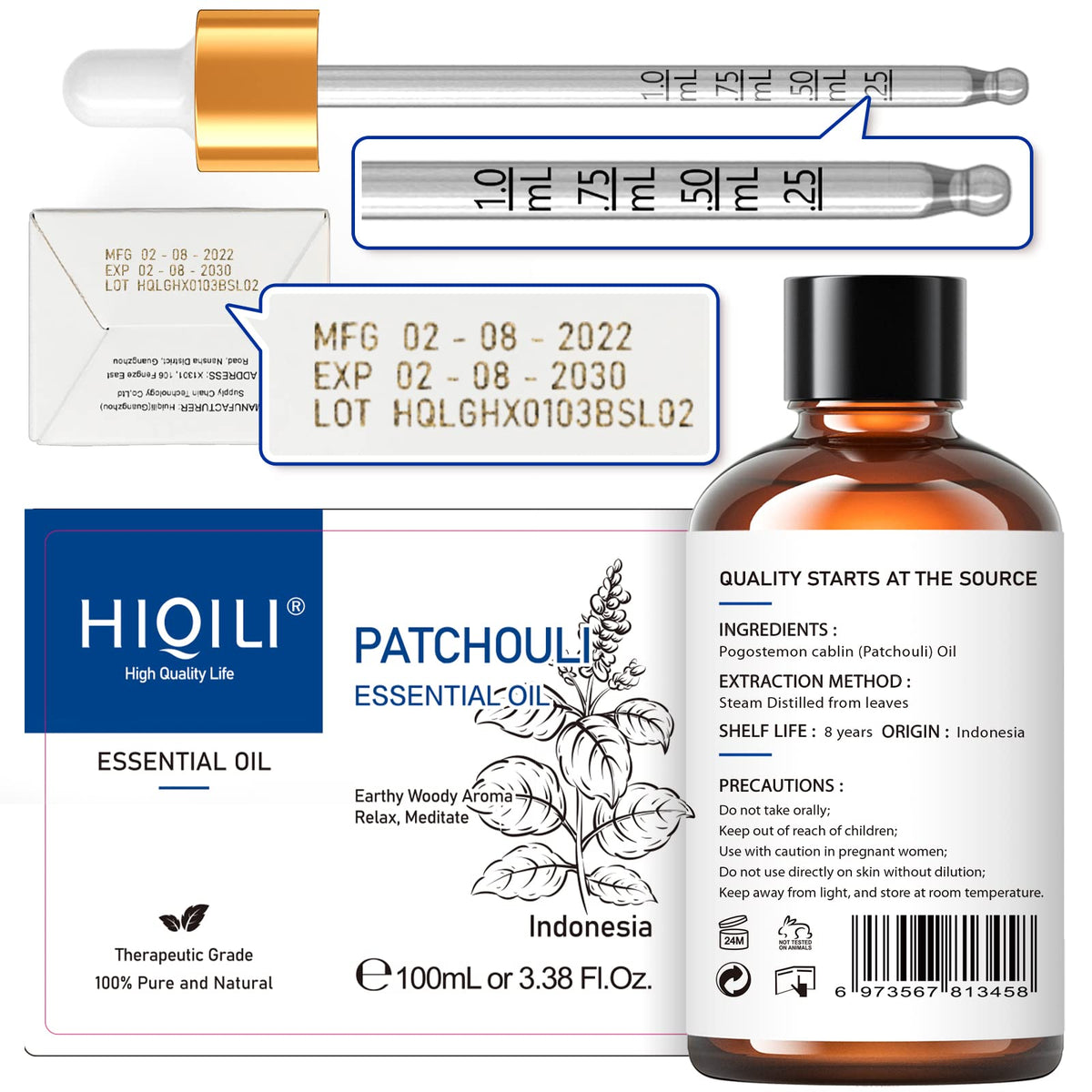HIQILI Patchouli Essential Oil 100ML, Pure Natural, for Perfume Making, Diffuser and Skin