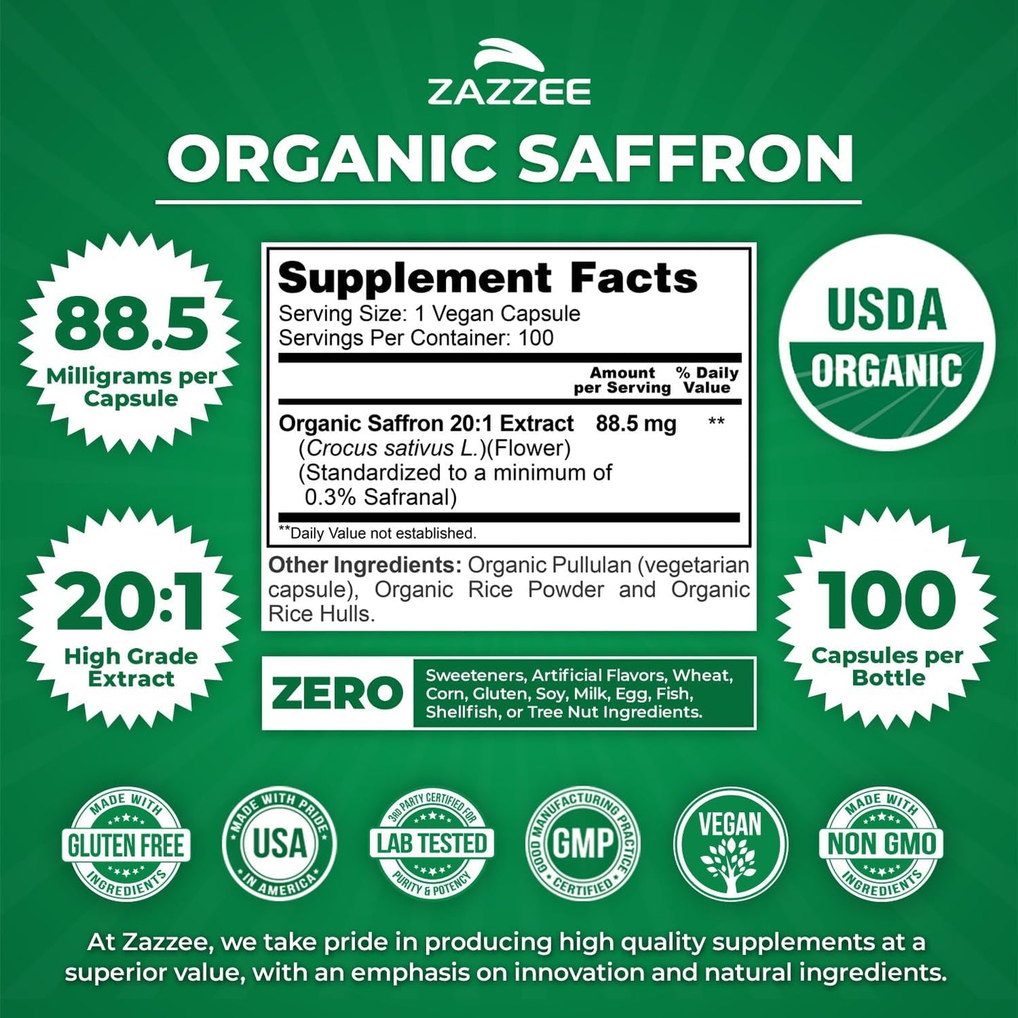 Zazzee USDA Organic Saffron 20:1 Extract, 88.5 mg, 0.3% Safranal, 100 Vegan Capsules, 3+ Month Supply, Concentrated and Standardized 20X Extract, Non-GMO, All-Natural, Made in the USA