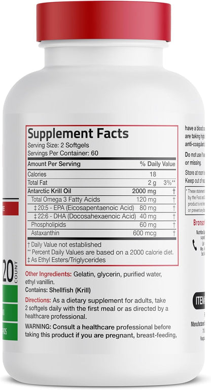 Bronson Antarctic Krill Oil 2000 mg with Omega-3s, 120 Softgels | Heavy Metal Tested, with EPA, DHA, Astaxanthin and Phospholipids, Non-GMO, Gluten Free, Soy Free