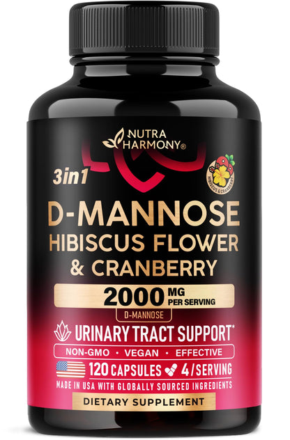 D-Mannose 2000mg with Cranberry & Hibiscus - Clinically Tested Strength for Urinary Tract Health - Supplement for Women - Bladder, Liver & Microflora Support - Lab Tested - Vegan, 120 Capsules
