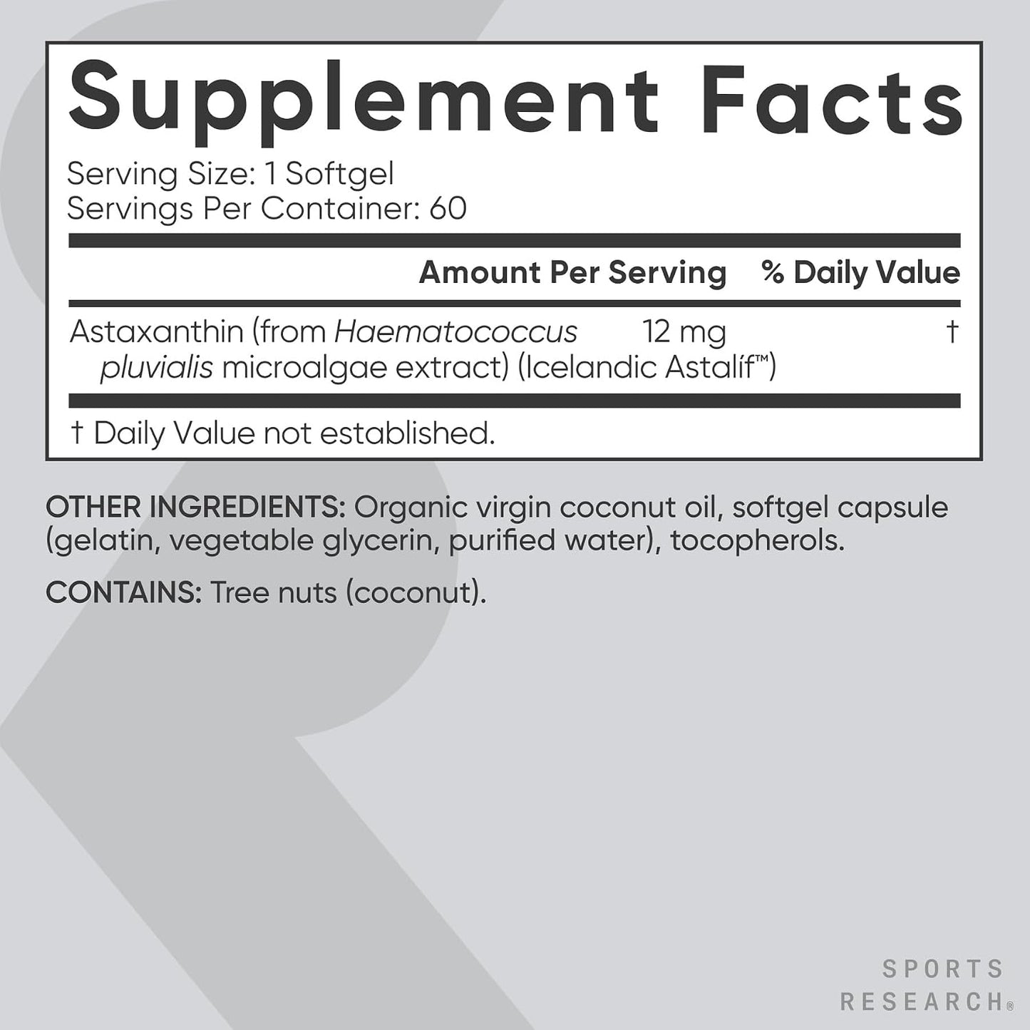 Sports Research® Triple Strength Astaxanthin 12mg w/Organic Coconut Oil - Antioxidant Supplement for Skin & Eye Health Support* - Soy Free · Non-GMO · Gluten Free - 60 Softgels