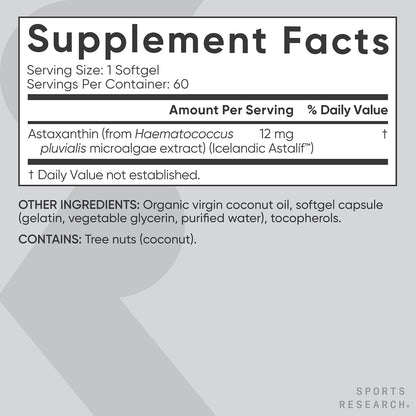 Sports Research® Triple Strength Astaxanthin 12mg w/Organic Coconut Oil - Antioxidant Supplement for Skin & Eye Health Support* - Soy Free · Non-GMO · Gluten Free - 60 Softgels