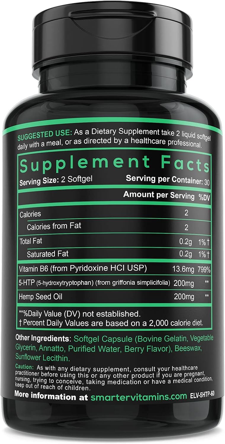 5-HTP 200mg with Vitamin B6 & Hemp Seed Oil, Extended Release, 60 Softgels | Griffonia-derived 5-HTP with B6 and hemp seed oil for balanced mood, restful sleep, cognitive support and daily wellness.