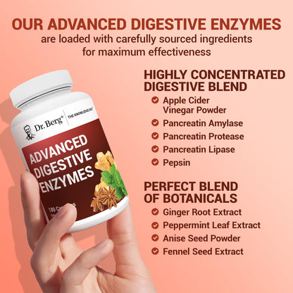 Dr. Berg Advanced Digestive Enzymes with Apple Cider Vinegar - Includes Digestive Health Ingredients Like Betaine Hydrochloride (HCI), Ginger Root & Peppermint Leaf - 180 Capsules
