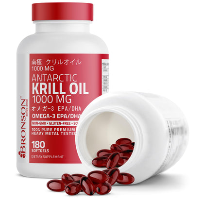 Bronson Antarctic Krill Oil 1000 mg with Omega-3s, 120 Softgels | Heavy Metal Tested, with EPA, DHA, Astaxanthin and Phospholipids, Non-GMO, Gluten Free, Soy Free