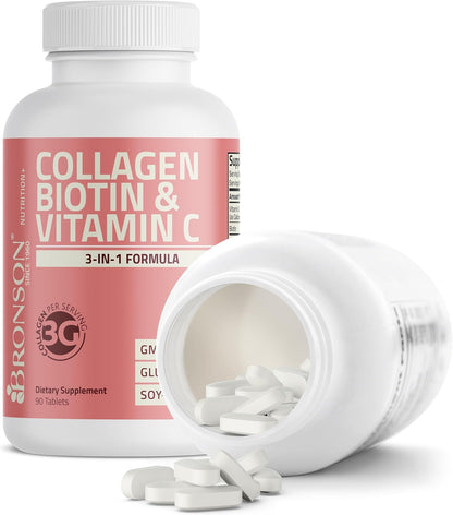 Bronson Collagen Peptides 3000mg with Biotin & Vitamin C, 90 Tablets | Hair, Skin & Nails Support, 3g Collagen per Serving, Non-GMO, Gluten-Free, Soy-Free