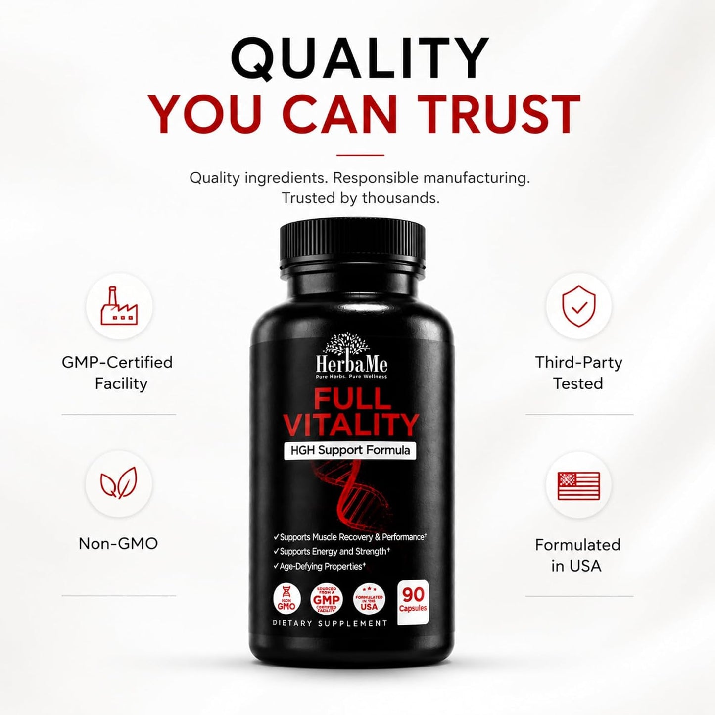 HerbaMe HGH Support Supplement for Men & Women, 90 Capsules – Naturally Supports Human Growth Hormone, Amino Acid Complex with Arginine & Colostrum – Supports Nighttime Recovery, Energy & Performance