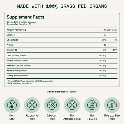 Adapt Naturals Beef Organ Supplement, Bioavailable Grass Fed Organ Capsules | Blend of Beef Liver, Heart, Kidney, Pancreas, Spleen, Supports Liver Cleanse Detox & Repair, Source of CoQ10 - 30 Days Supply