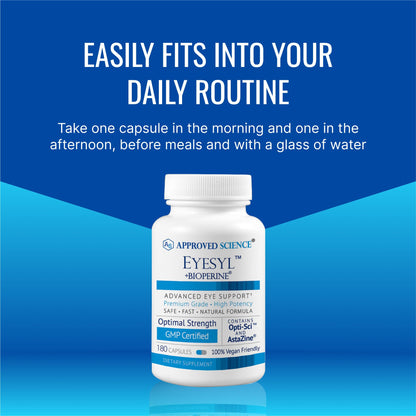 Approved Science EyeSyl - Eye Support Supplement - Chromium Picolinate, Taurine, Lutein, Zeaxanthin, Bilberry, BioPerine - 1 Month Supply - 60 Capsules - Made in The USA