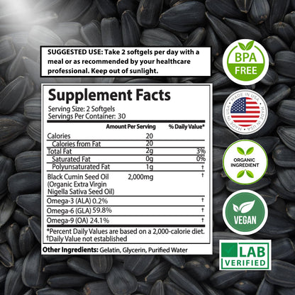 Organic Black Seed Oil 2000mg - 60 Softgel Capsules (Non-GMO) Premium Cold-Pressed