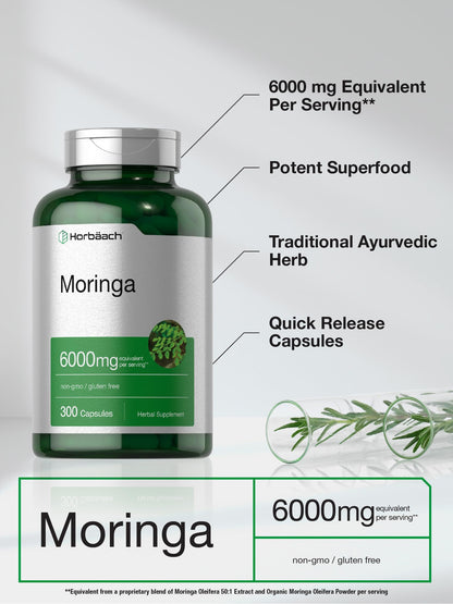 Horbäach Moringa Oleifera | 6000mg | 300 Powder Capsules | Non-GMO and Gluten free